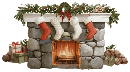 Watercolor christmas fireplace with stockings and gifts isolated on transparent background
