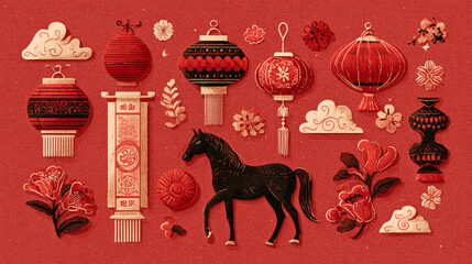 Included in the Chinese New Year 2026 icon set are lanterns and horse clouds.