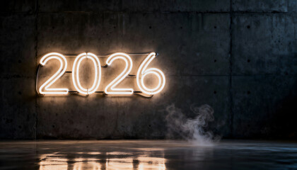 Warm glowing neon 2026 sign against dark concrete wall with rising smoke, symbolizing modern design, futuristic vision, nightlife aesthetics and anticipation of milestones or events in the new year.