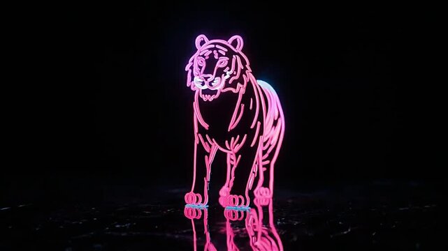 Glowing neon tiger art on a dark reflective surface