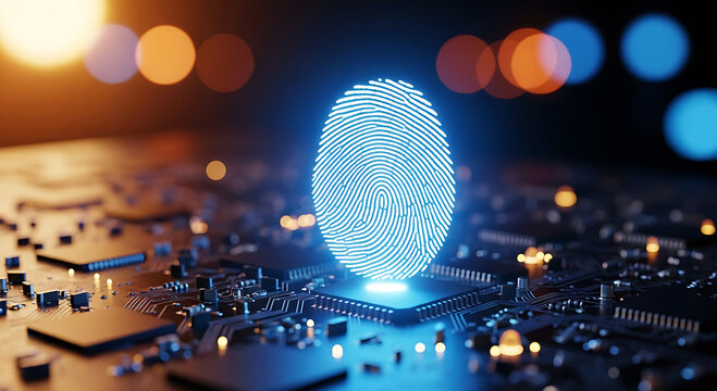 Abstract digital fingerprint hologram glowing on circuitry with bokeh lights background futuristic security concept