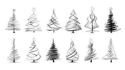 Christmas tree line art drawing vector set with abstract style