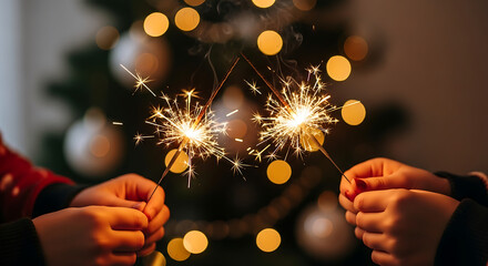 Joyful hands holding sparkling fireworks against a blurred festive background with Christmas tree lights.