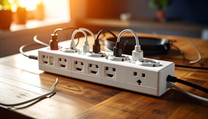 Power Strip with Various Plugs on Wooden Tabletop