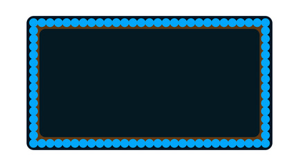 Abstract composition features blue spheres and a brown border on a dark background.