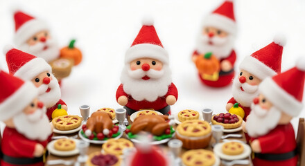 Cute Santa Claus figures gathered around a festive holiday feast table