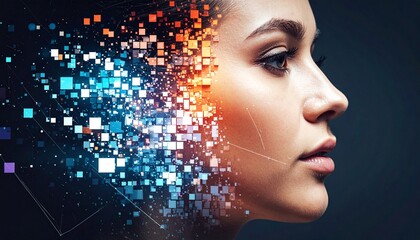 A woman's face in profile dissolves into a vibrant cloud of glowing blue and orange digital pixels.