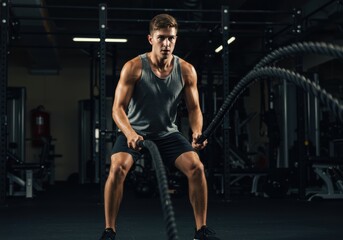 Man working out with battle ropes in a modern gym setting.