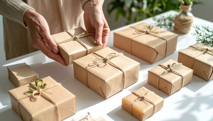 Preparing Gift Boxes Wrapped in Brown Paper on White Table