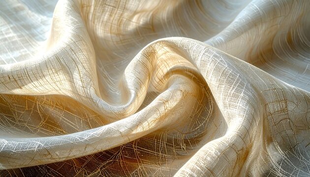 Soft, flowing sheer fabric drapes exhibit a subtle golden shimmer.