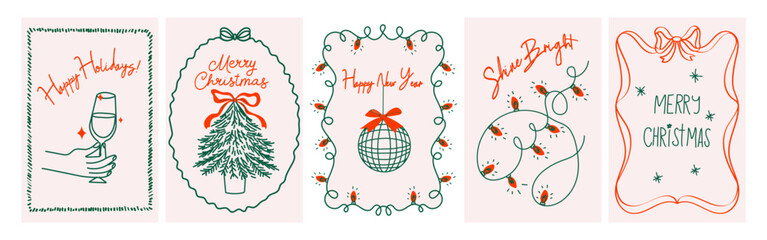 Hand drawn Christmas poster set. Retro vintage New Year doodle illustrations in minimalist line art style with holiday wreath, bows, Christmas tree, wine. Festive coquette vector design	
