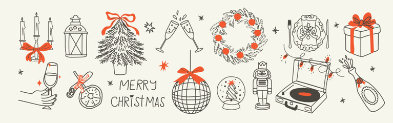 Retro vintage New Year doodle set. Hand drawn sketches in a minimalist style. Festive Christmas and holiday elements for invitations, posters, party decor, and celebration design.