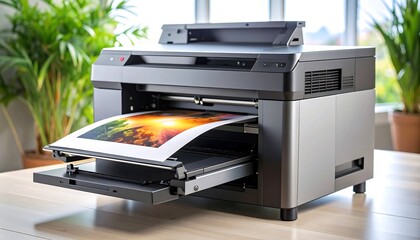 Printer Printing Colorful Image on Table with Indoor Plants