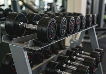 Naklejka premium Dumbbells neatly arranged on a rack in a modern gym setting.