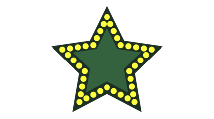 A single stylized green star is illuminated by bright yellow circular lights, design.