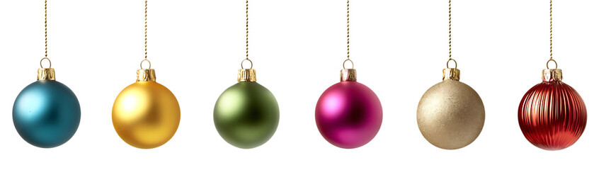 Six colorful christmas ornaments isolated on transparent background, ready to decorate