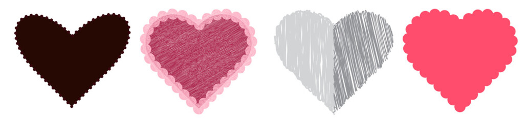 Four different hearts in a row, each with a unique texture and different color palette.