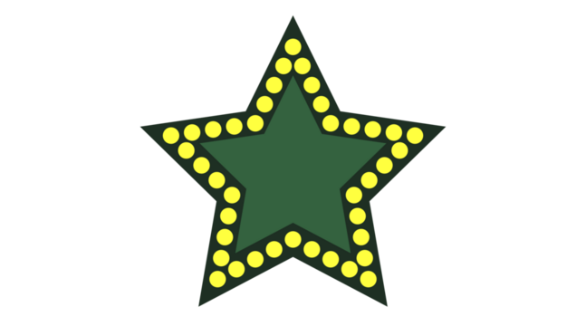A single stylized green star is illuminated by bright yellow circular lights, design.