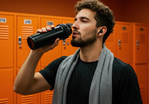 Man drinking water in a gym locker room after a workout