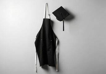 Professional black chef apron and hat hanging on wall culinary professional kitchen attire