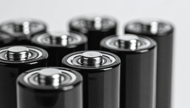 Black lithium-ion batteries on light neutral backdrop. Symbol of energy and power for appliances.