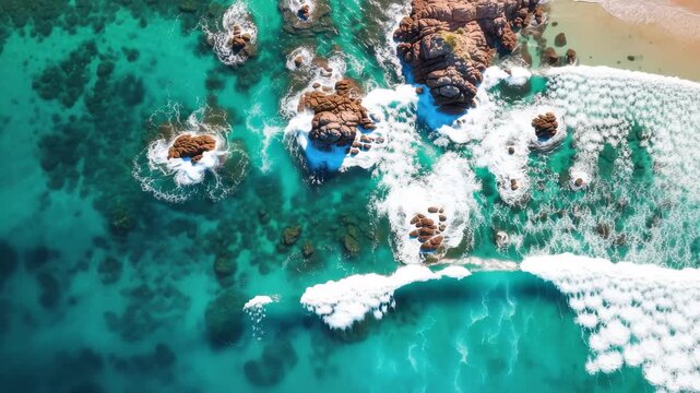 Aerial view of the rocky coast and turquoise water of the pacific ocean in baja california, mexico, showcasing the natural beauty of the coastline and ocean waves ai generated vedio