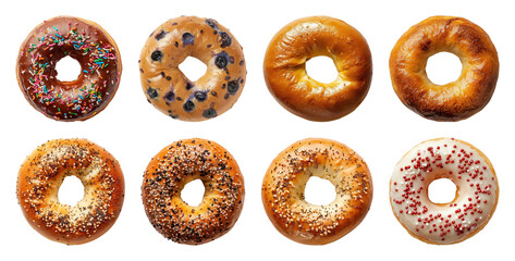 PNG Assorted delicious bagels variety, element set on transparent background
