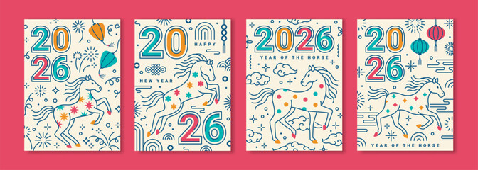 Chinese Happy New year 2026 Horse poster set. Outline China icons banner. Vector illustration. Lunar holiday pattern, linear background. Line asian clouds, ornament card. Japanese Christmas party menu