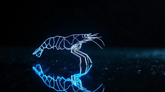 Glowing pink shrimp outline on black reflective surface
