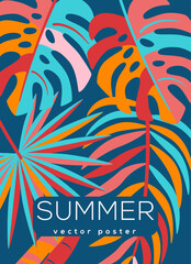 Trendy summer poster, abstract vertical tropic template. Jungle leaves colorful elements. Vector illustration, tropical beach bar menu fashion background. Social media cover. Hawaiian banner design