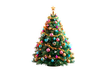 Festive Christmas tree with ornaments, isolated on transparent background.