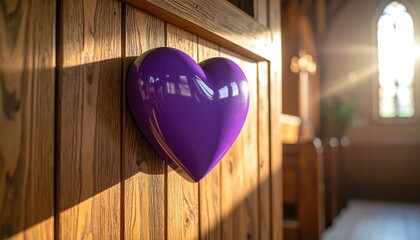 Purple Heart on Wooden Door with Sunlight and Church Interior