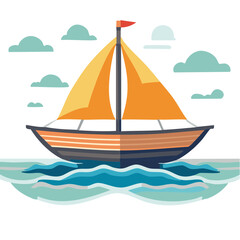 Naklejka premium Sailboat with Orange Sails Sailing in Blue Ocean under Cloudy Sky