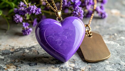 Purple Heart Pendant Necklace and Gold Tag with Flowers