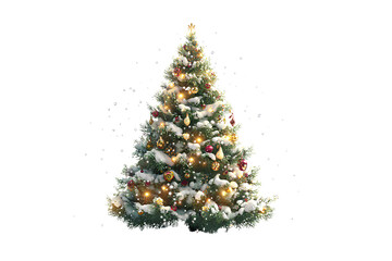 Festive Christmas tree with glowing lights and falling snow elements, isolated on transparent background.