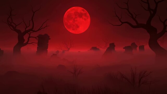 Red blood moon over dark graveyard with foggy atmosphere creating creepy horror scene for mystery footage.