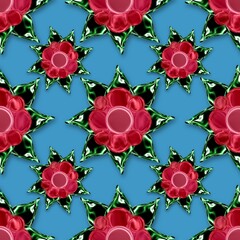 Glossy red flower seamless pattern green leaves on blue metallic look