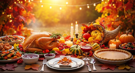 Abundant autumn feast laid out on a rustic table, celebrating harvest and togetherness with warm lighting.