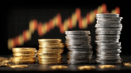 Stacks of gold and silver coins with rising trend graph in background indicating market growth