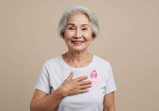 Smiling senior woman with a pink ribbon on her shirt, supporting breast cancer awareness.