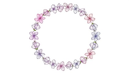 Obraz premium Delicate floral circular wreath with various shades of pink, purple, and blue flowers.