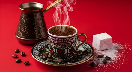 cup of traditional Turkish coffee with Turkish delight, coffee beans and cezve, on a red background