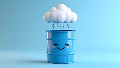 Rainy Cloud and Smiling Barrel on Blue Background