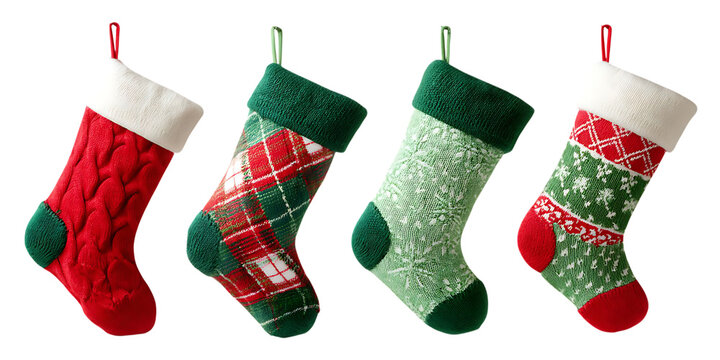 Four christmas stockings isolated on transparent background, ready for santa claus