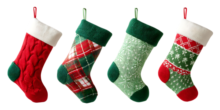Four christmas stockings isolated on transparent background, ready for santa claus