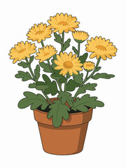 Cheerful Potted Chrysanthemum Illustration with Bright Yellow Flowers and Fresh Green Leaves Bringing Joy and Warmth to Any Space