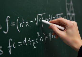 Hand writing mathematical equations on a chalkboard with chalk.