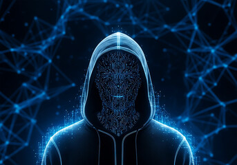Mysterious hacker figure in digital network glow cyber security concept abstract art