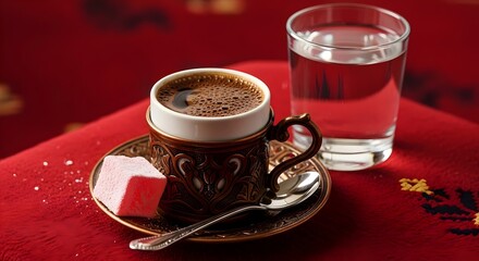 cup of traditional Turkish coffee with Turkish delight, coffee beans and a glass of water culture, on a red background