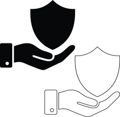 Hand holding protective shield icon in silhouette style silhouette